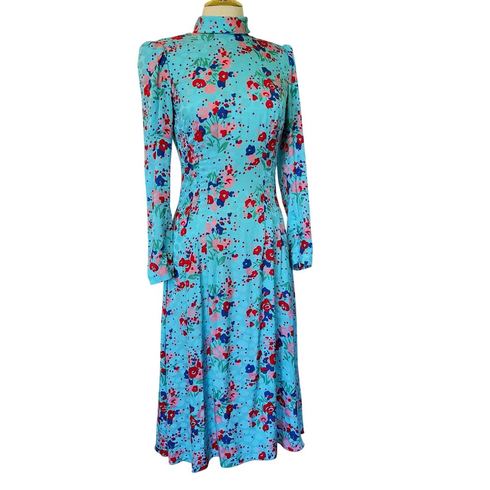 Marc Jacobs The 40's Dress Womens 0 Turquoise Excellent Floral Jacquard Midi